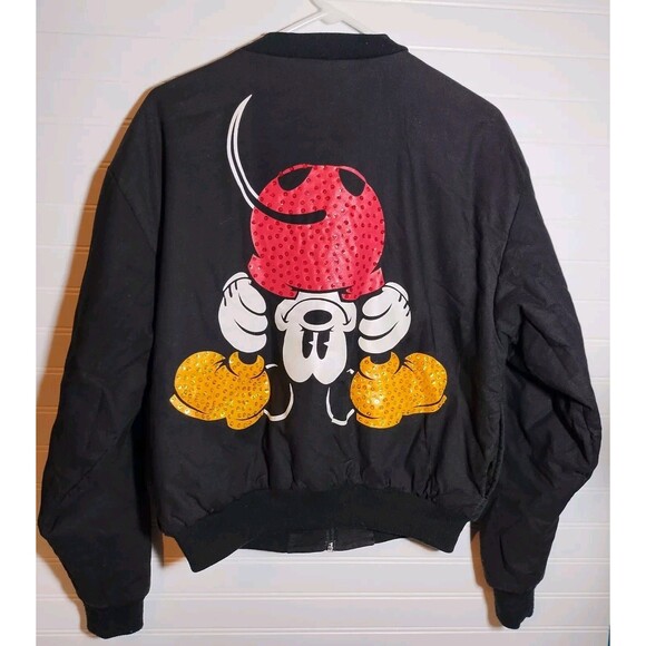 Vintage Mickey & Co Sequined Black Bomber Jacket Size Md Bottoms Up Red Yellow - Picture 5 of 11